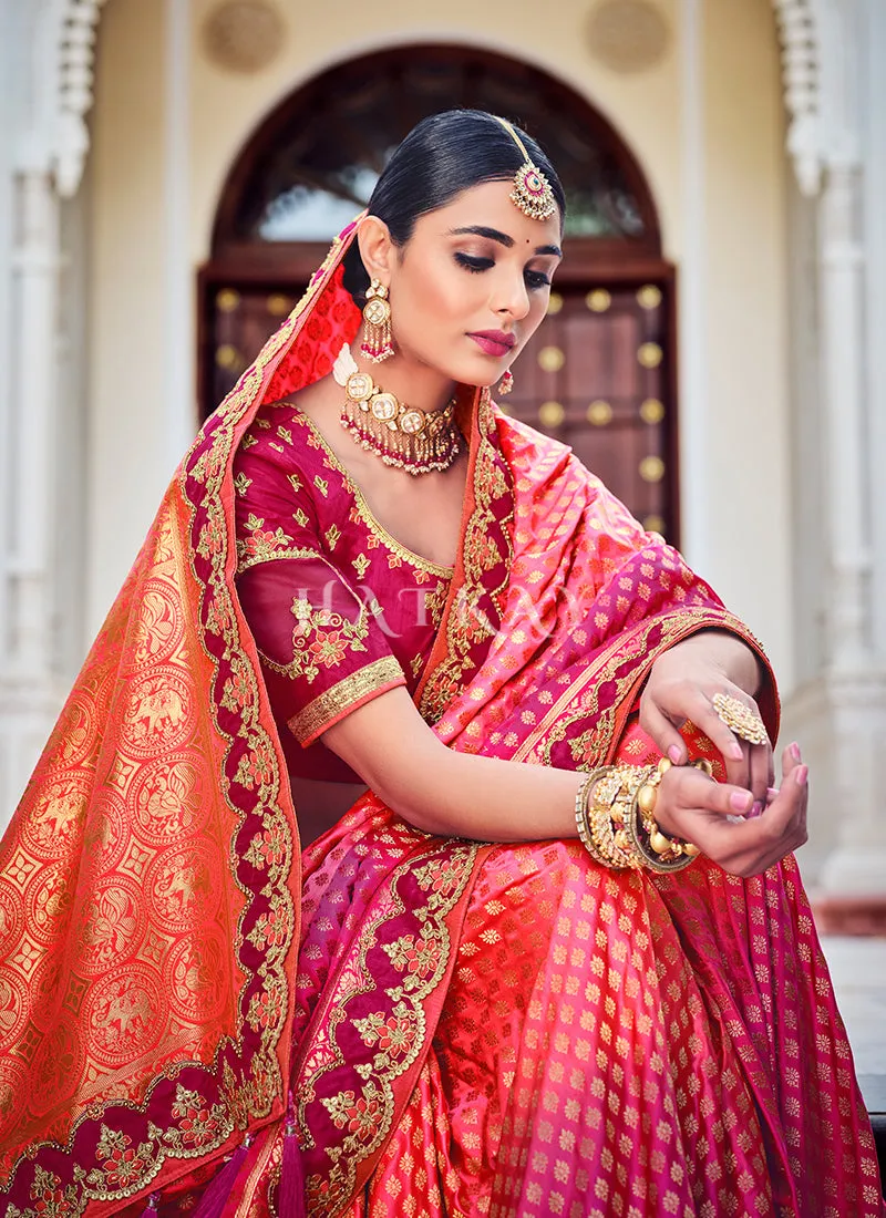 Pink Orange Traditional Weaved Party Wear Silk Saree