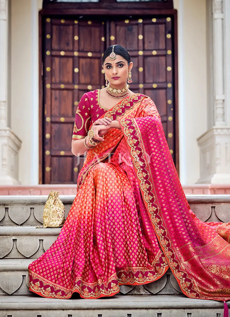 Pink Orange Traditional Weaved Party Wear Silk Saree