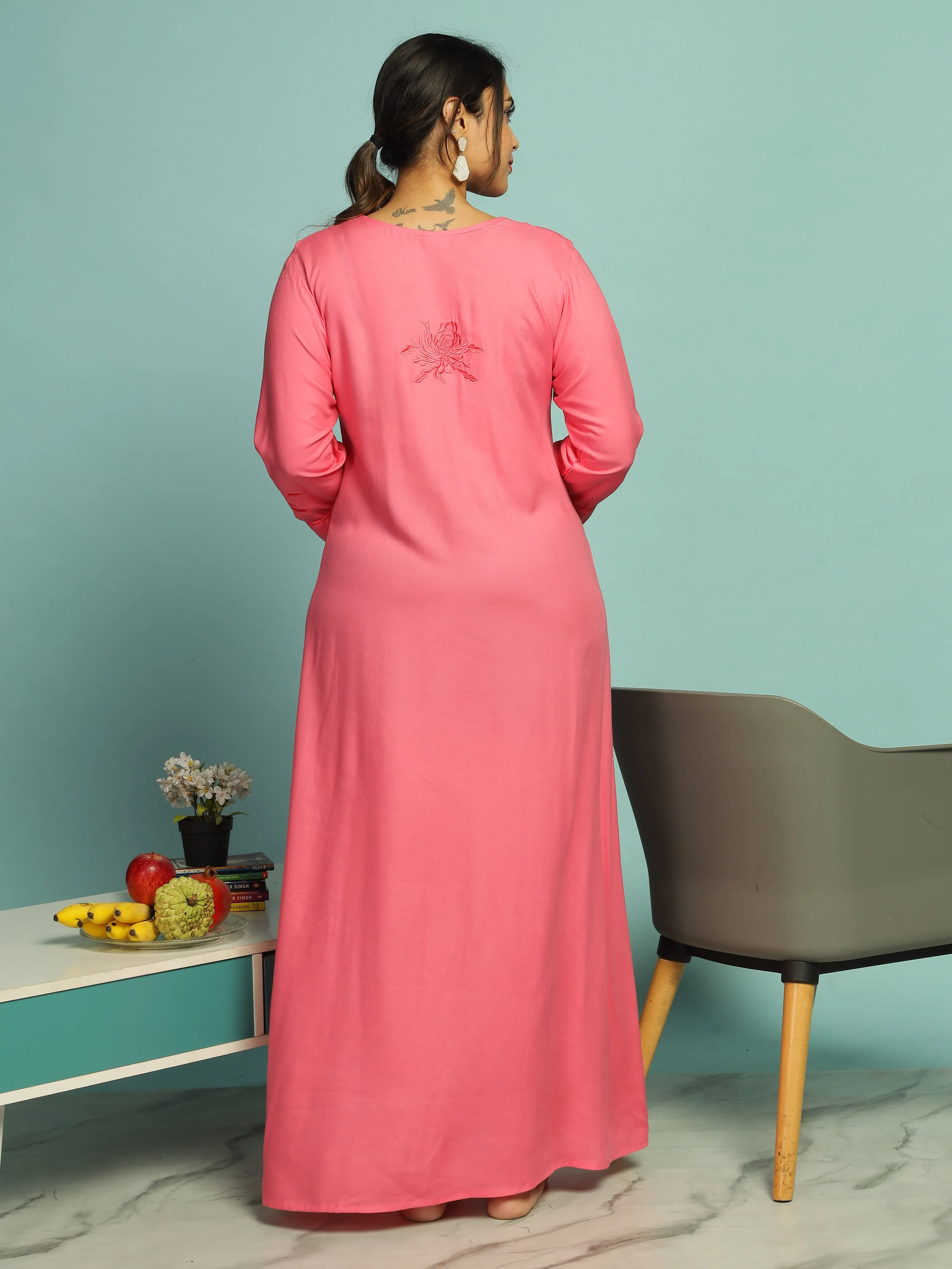 Pink Sapphire Embroidery Nighty for Comfort & Style