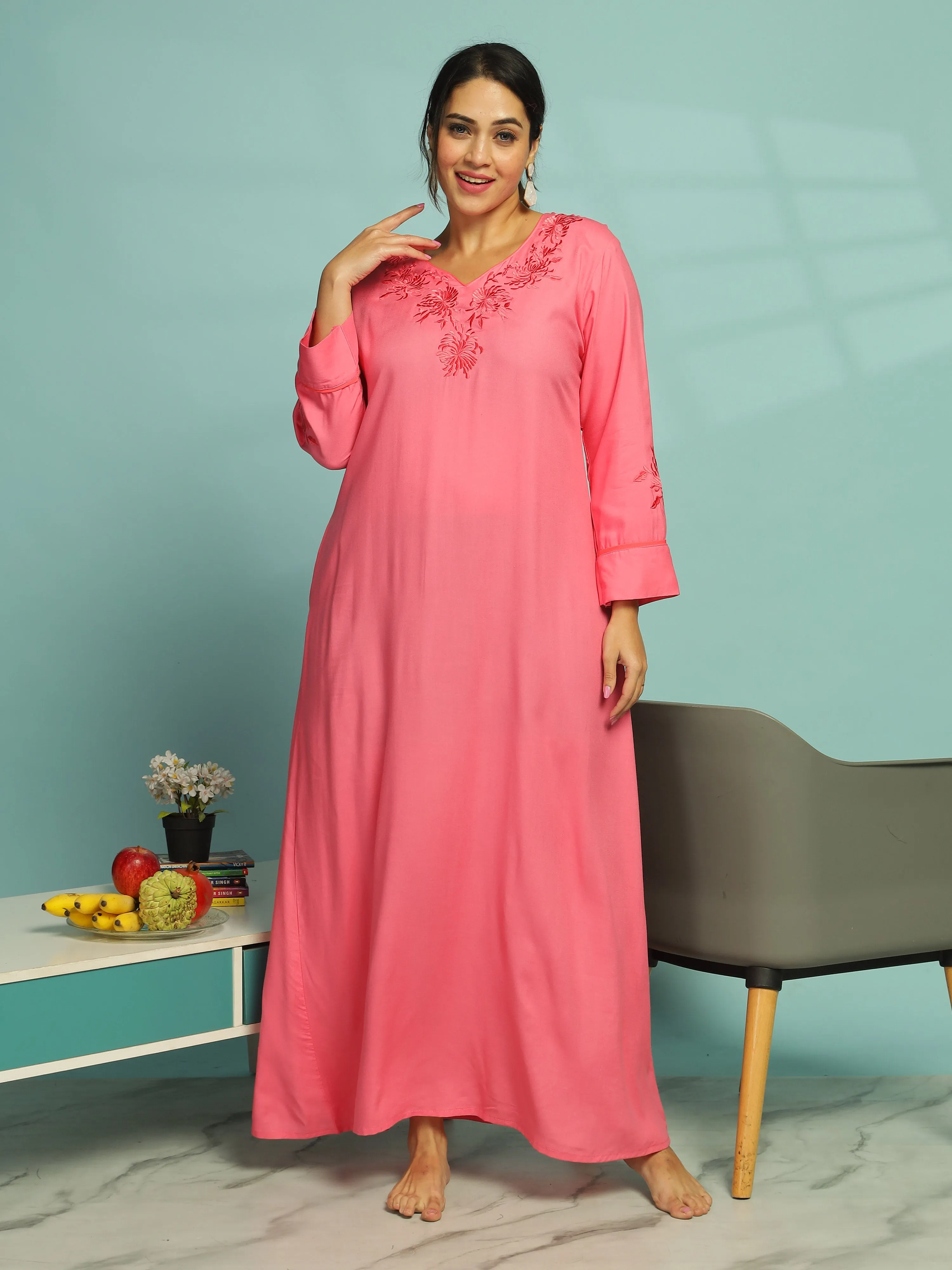 Pink Sapphire Embroidery Nighty for Comfort & Style