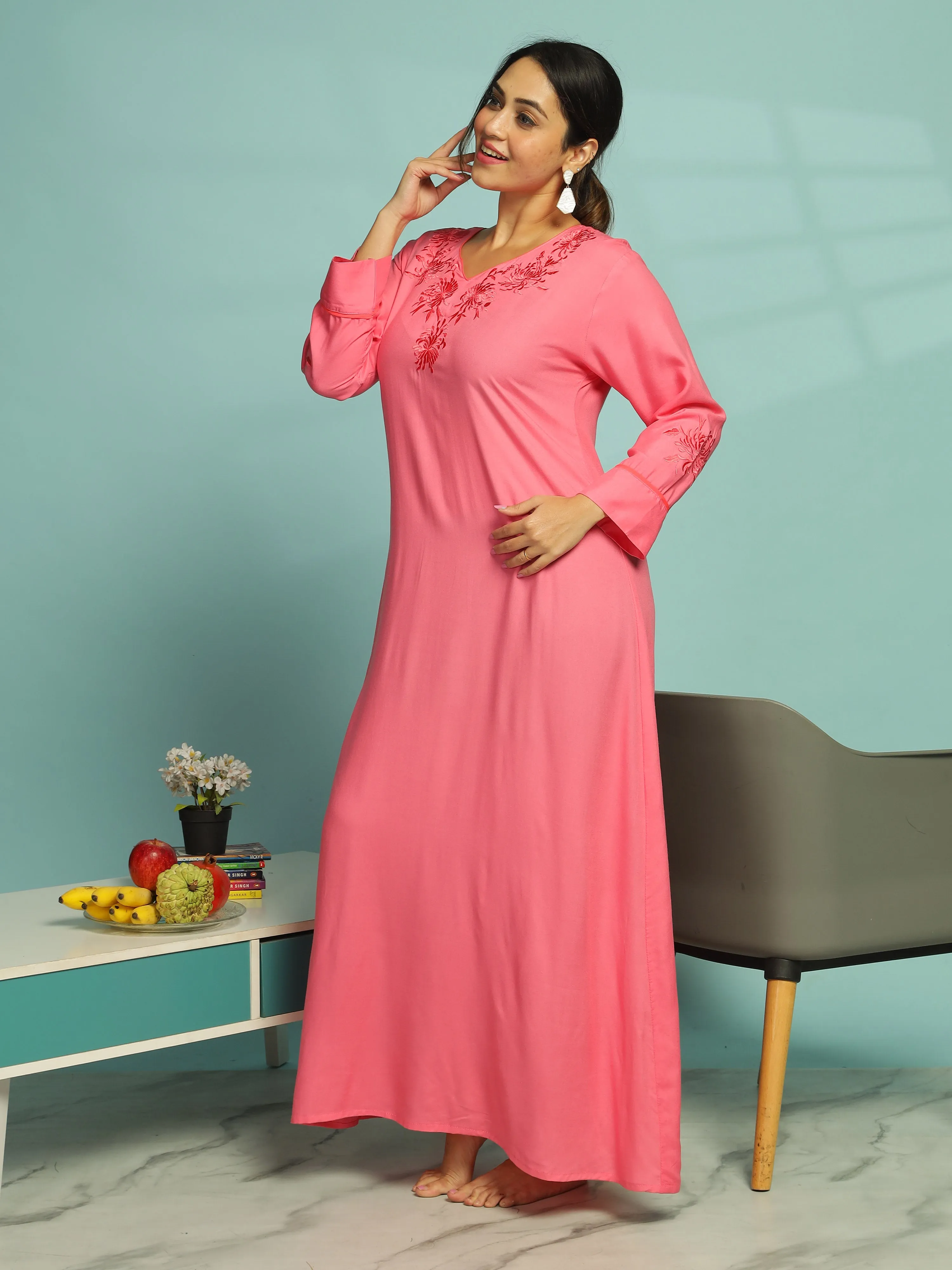 Pink Sapphire Embroidery Nighty for Comfort & Style