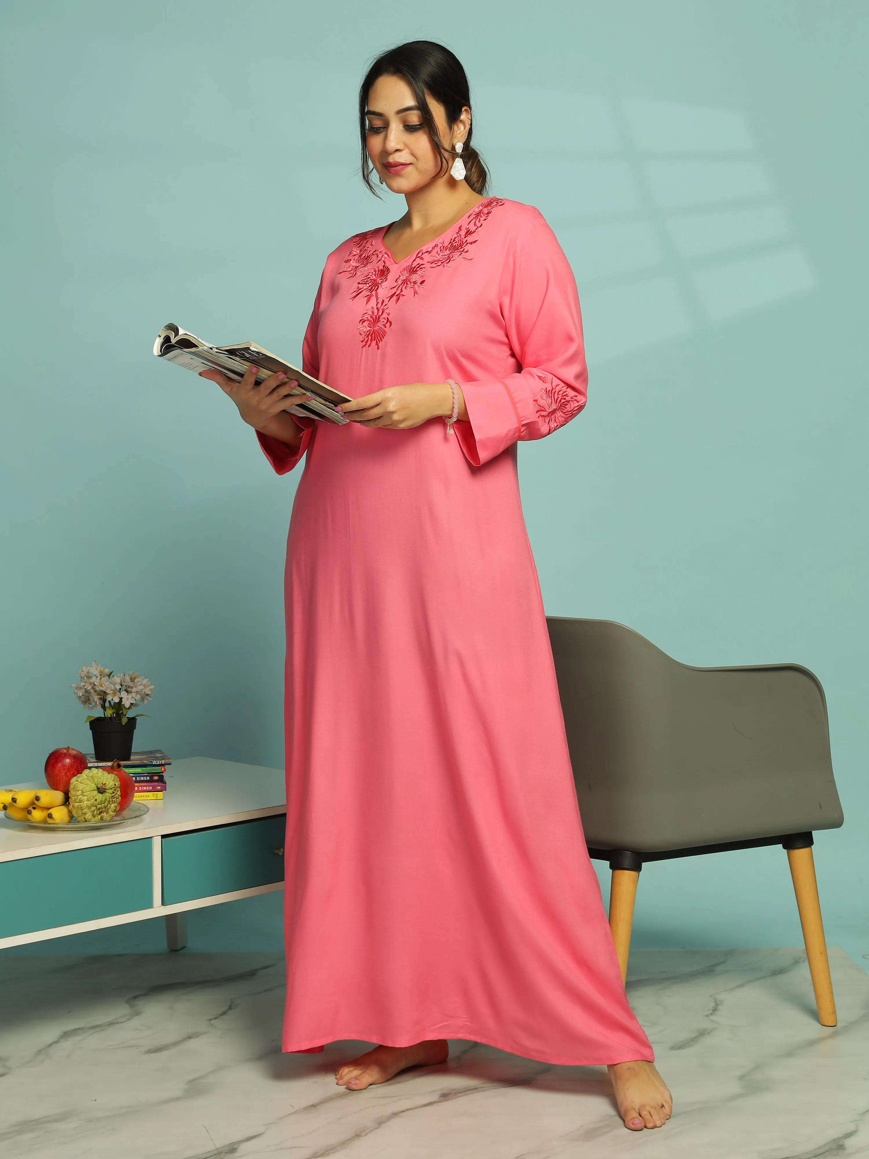 Pink Sapphire Embroidery Nighty for Comfort & Style