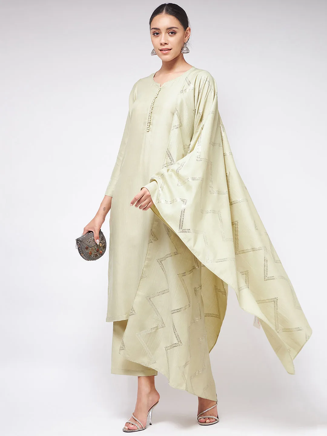 Pista Festive Straight Kurta With Matching Pants And Foil Printed Dupatta Set