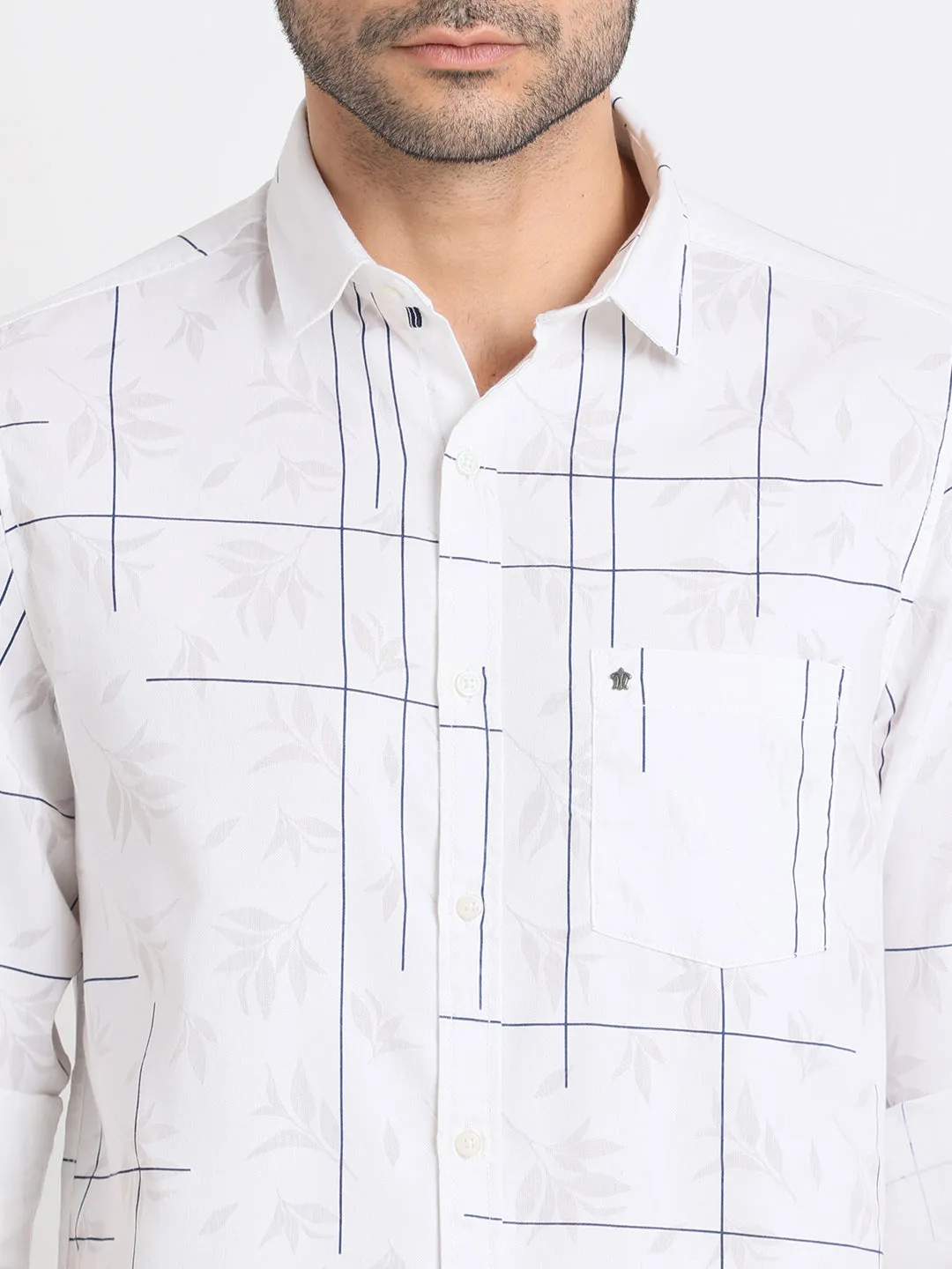 Poly Cotton Cream Printed Slim Fit Full Sleeve Casual Shirt