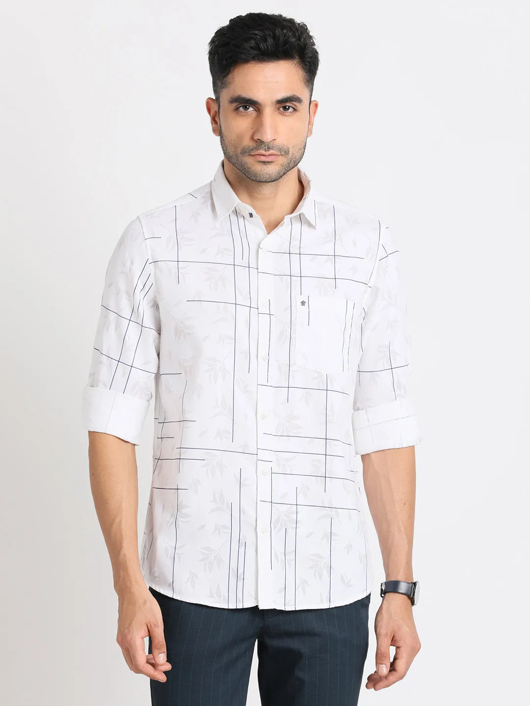 Poly Cotton Cream Printed Slim Fit Full Sleeve Casual Shirt