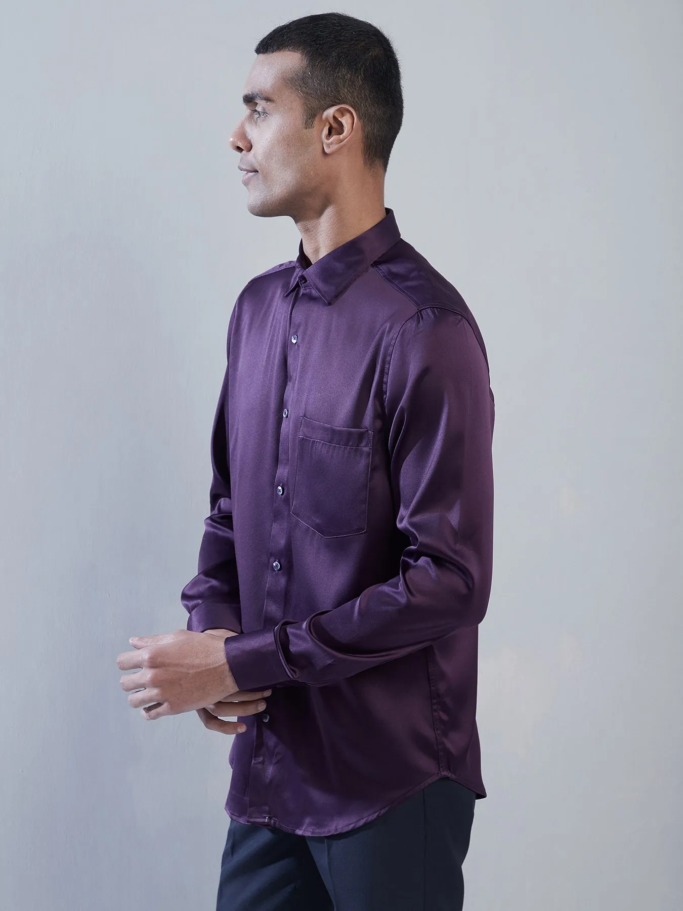 Poly Satin Purple Plain Slim Fit Full Sleeve Ceremonial Shirt