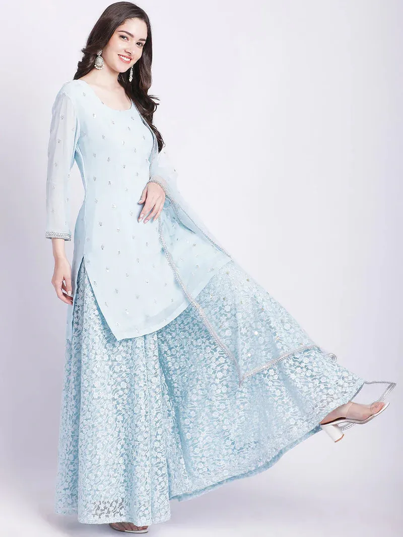 Powder Blue Kurta With Net Palazzo And Dupatta