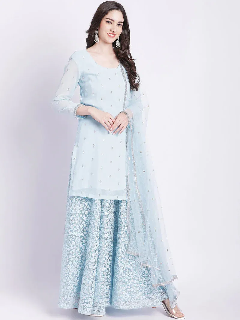 Powder Blue Kurta With Net Palazzo And Dupatta