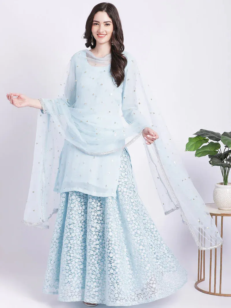 Powder Blue Kurta With Net Palazzo And Dupatta