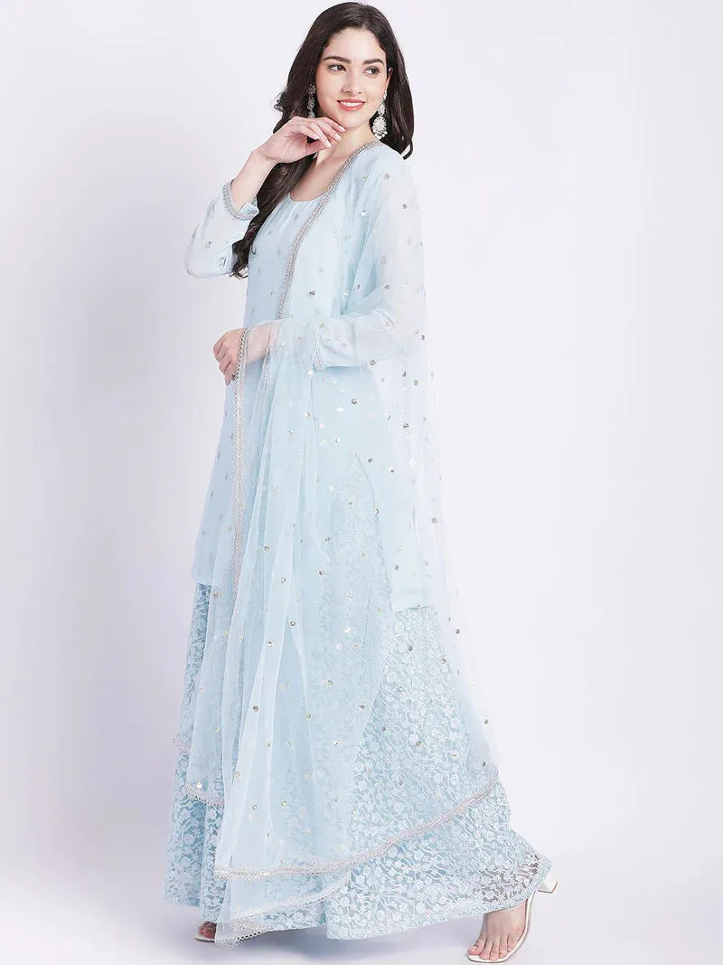 Powder Blue Kurta With Net Palazzo And Dupatta