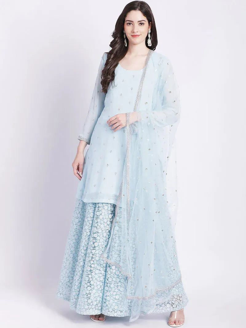 Powder Blue Kurta With Net Palazzo And Dupatta