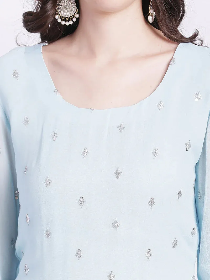 Powder Blue Kurta With Net Palazzo And Dupatta