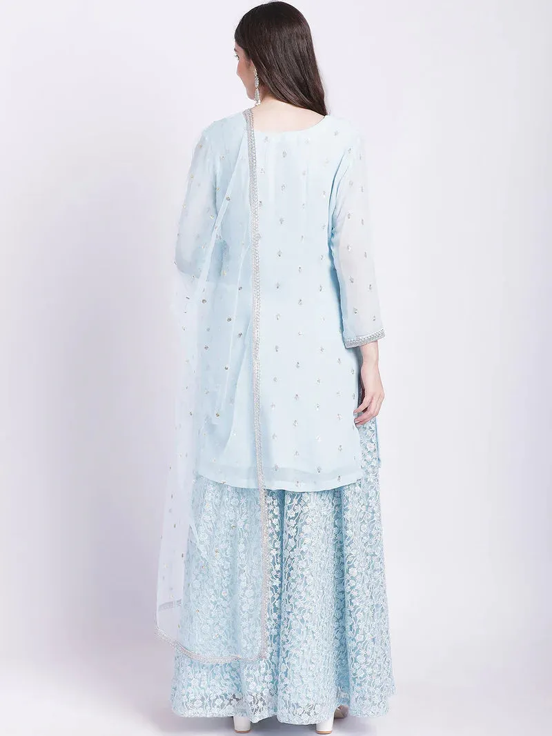 Powder Blue Kurta With Net Palazzo And Dupatta