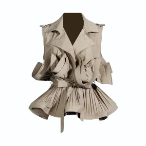 Pre Order:  Khaki V-Neck Pleated Sleeveless Top