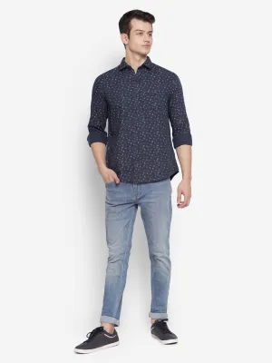 Printed Navy Blue Slim Fit Causal Shirt