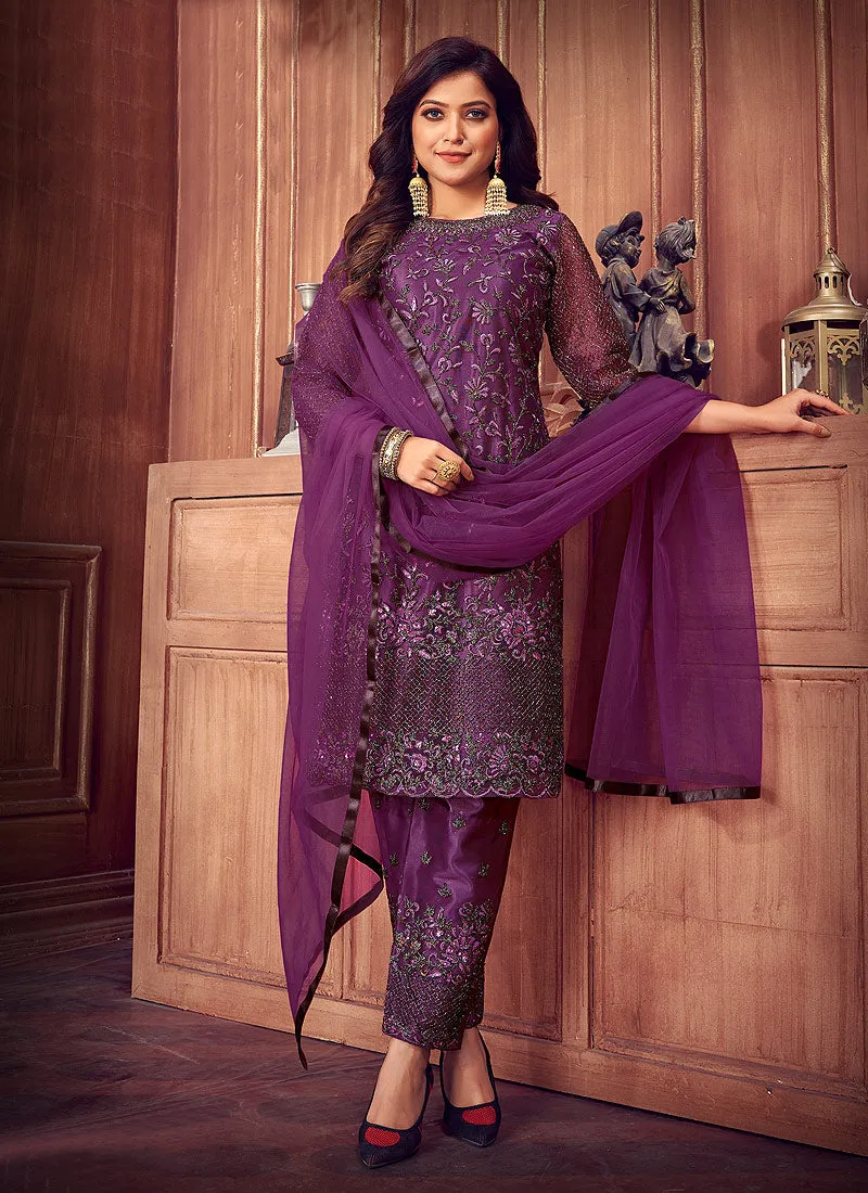 Purple Zari Embroidered Traditional Pant Suit