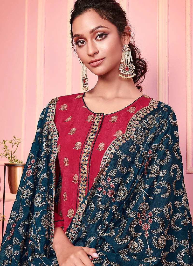 Rani Pink And  Blue Designer Pakistani Pant Suit