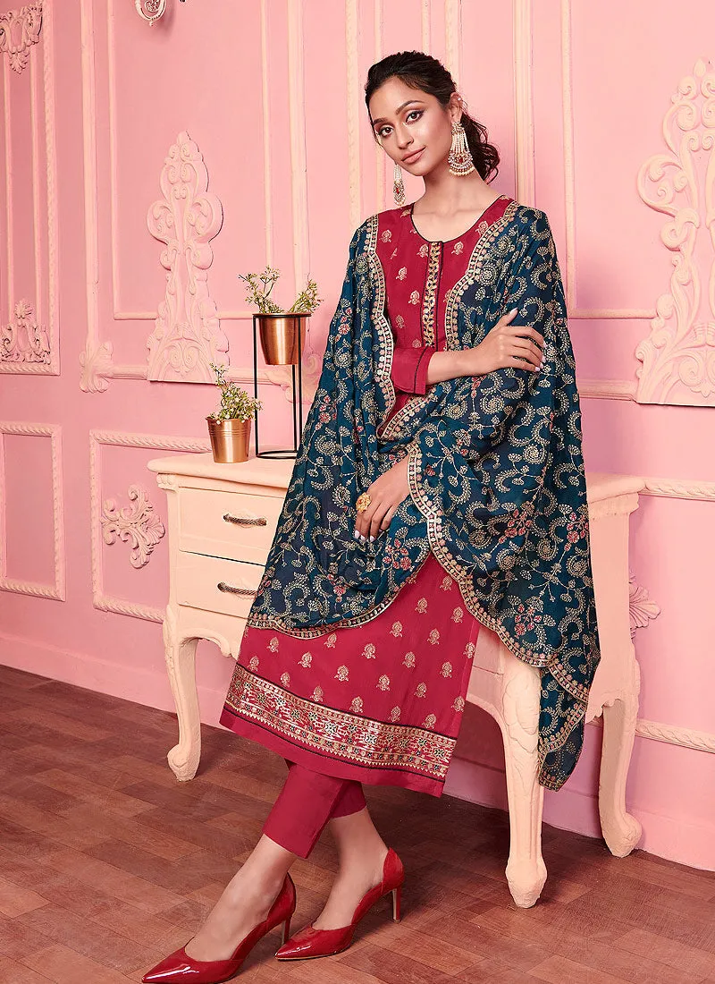 Rani Pink And  Blue Designer Pakistani Pant Suit