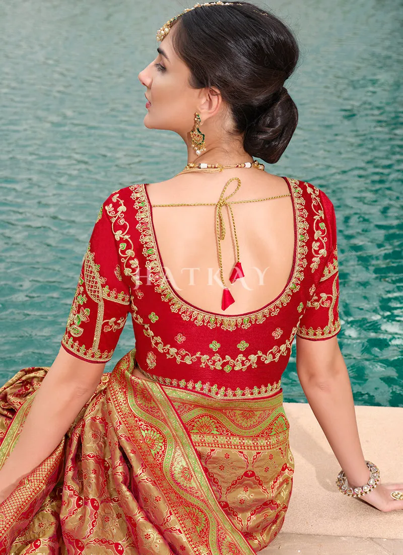 Red And Green Embroidered Banarasi Silk Saree