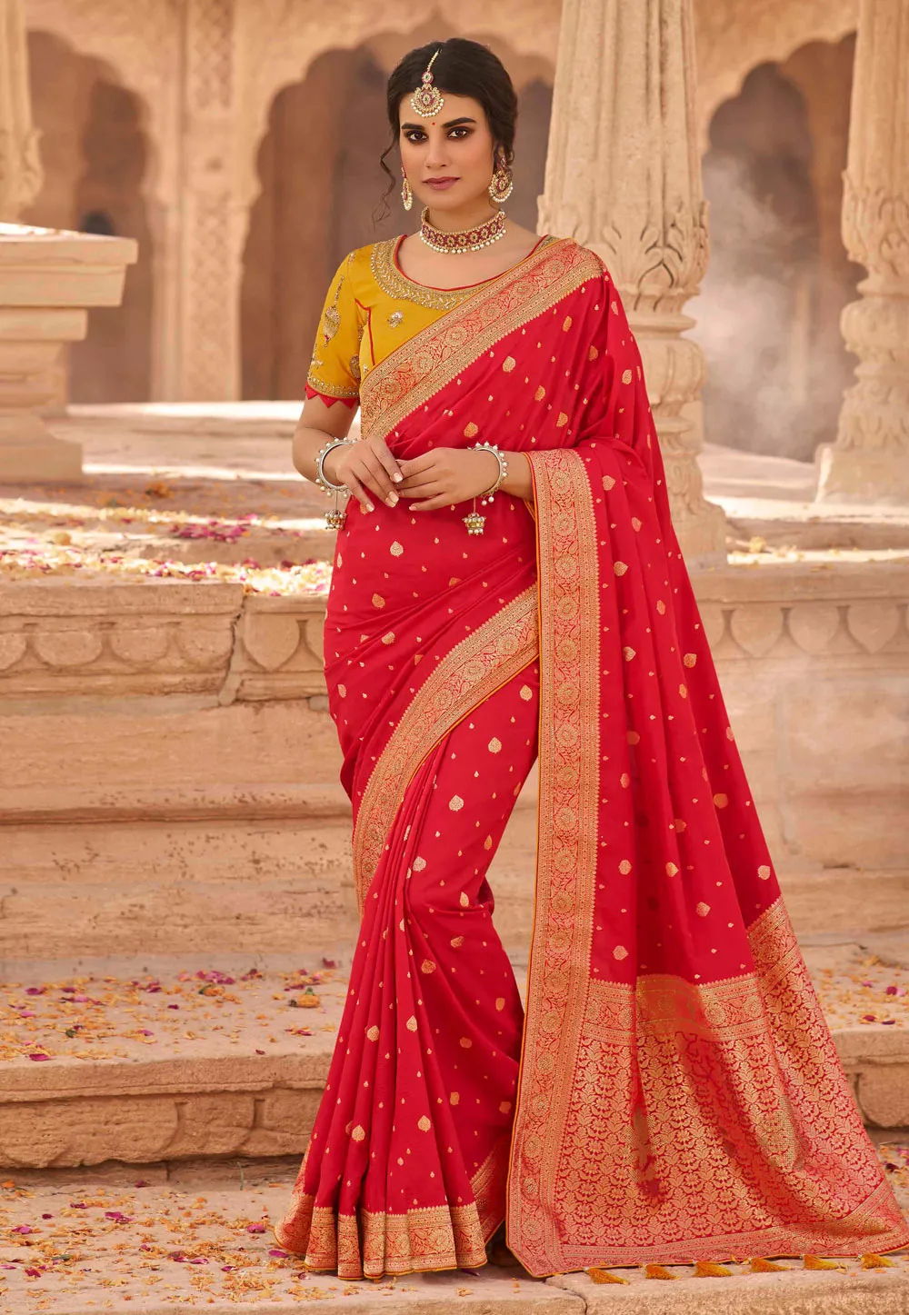 Red And Yellow Embroidered Wedding Saree