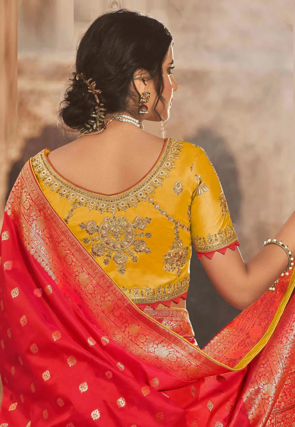 Red And Yellow Embroidered Wedding Saree