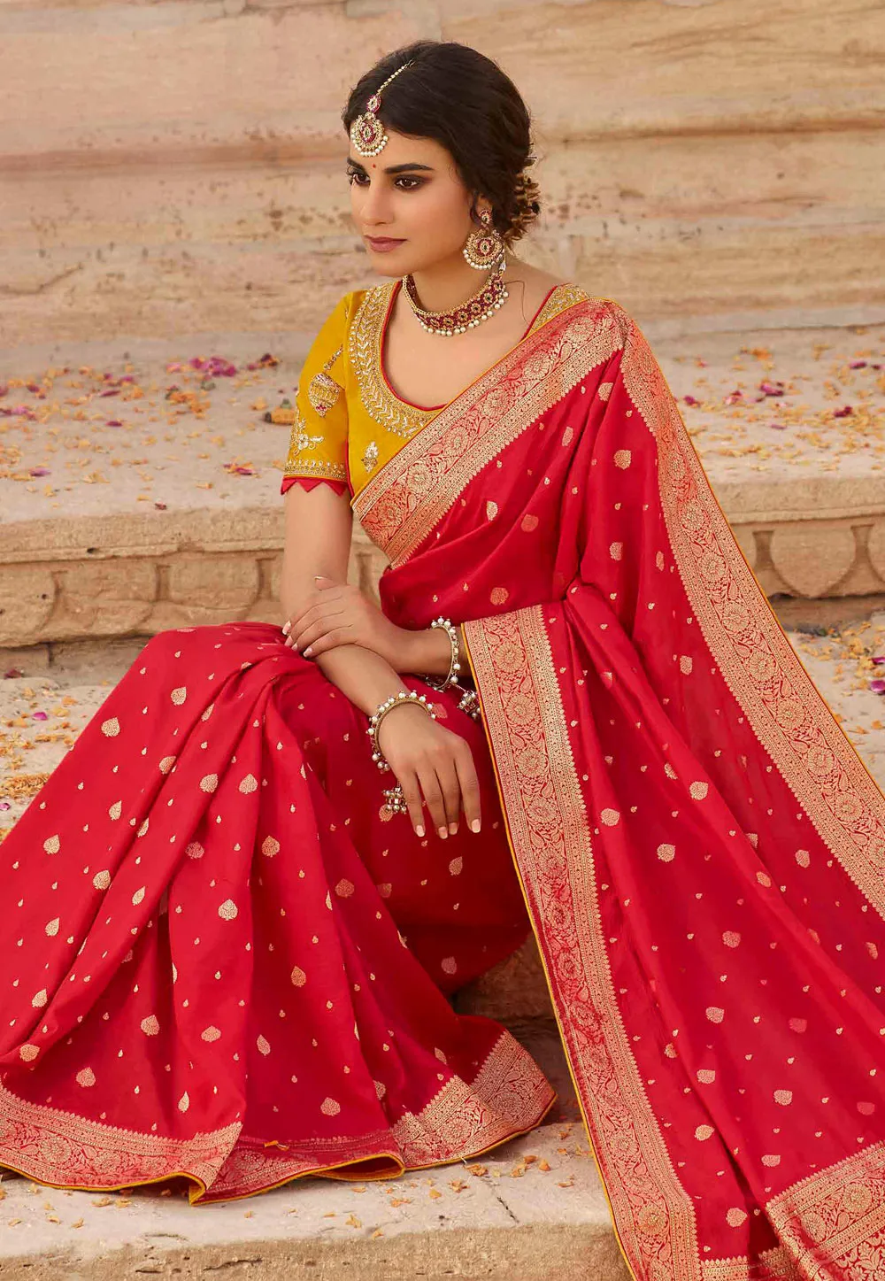 Red And Yellow Embroidered Wedding Saree