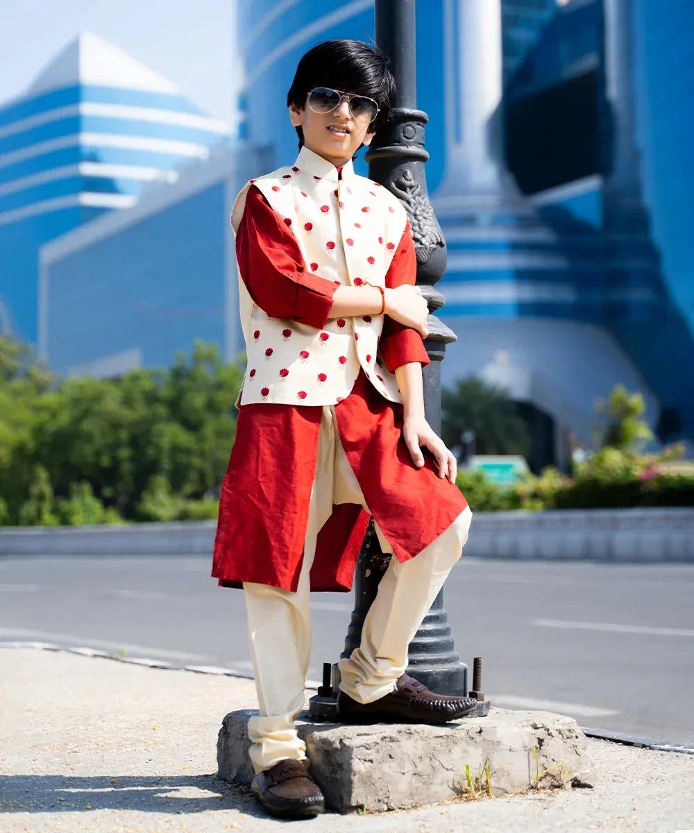 Red Color Kurta Set with Printed Waist Coat for Boys for Party