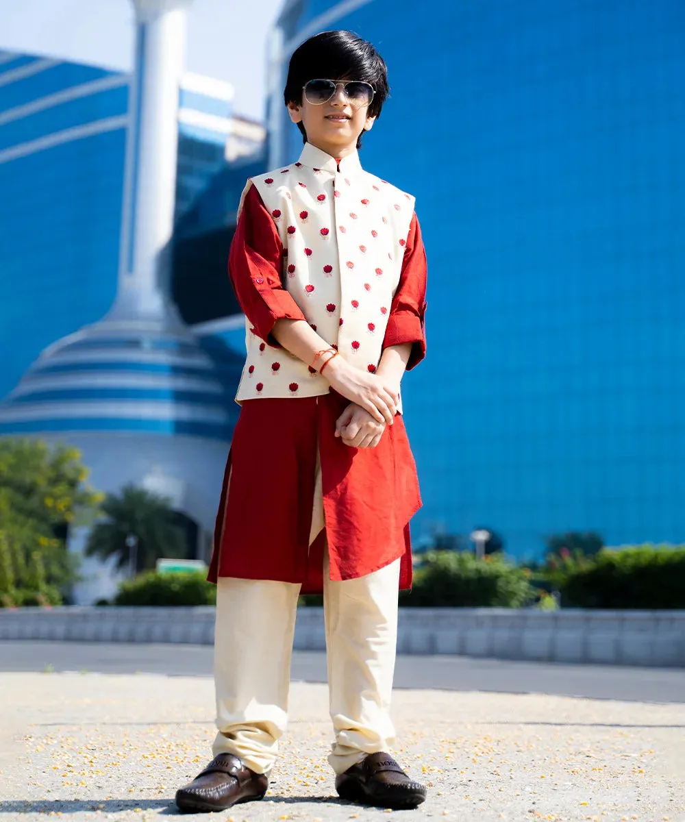 Red Color Kurta Set with Printed Waist Coat for Boys for Party