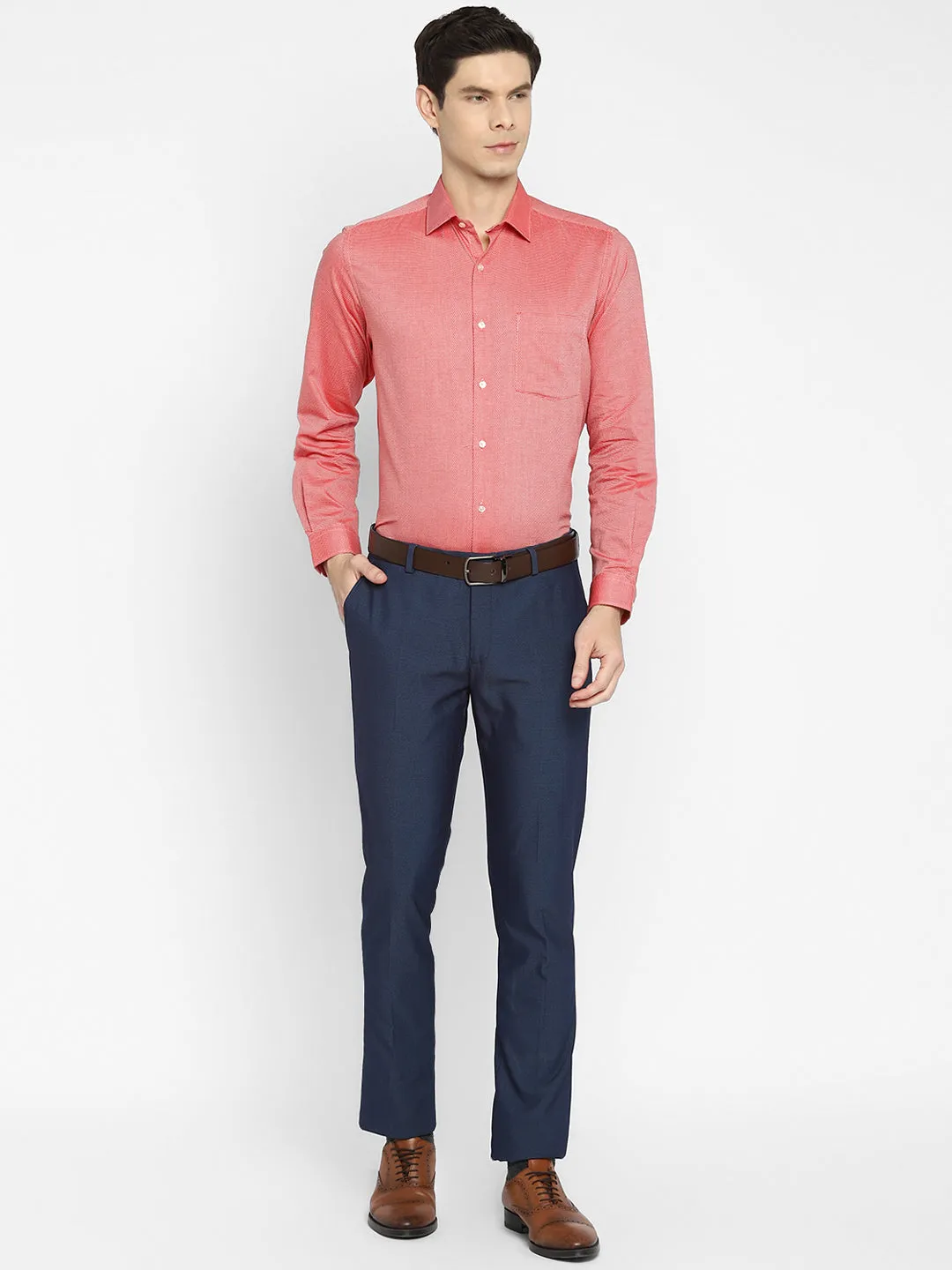 Red Cotton Self Design Slim Fit Shirts