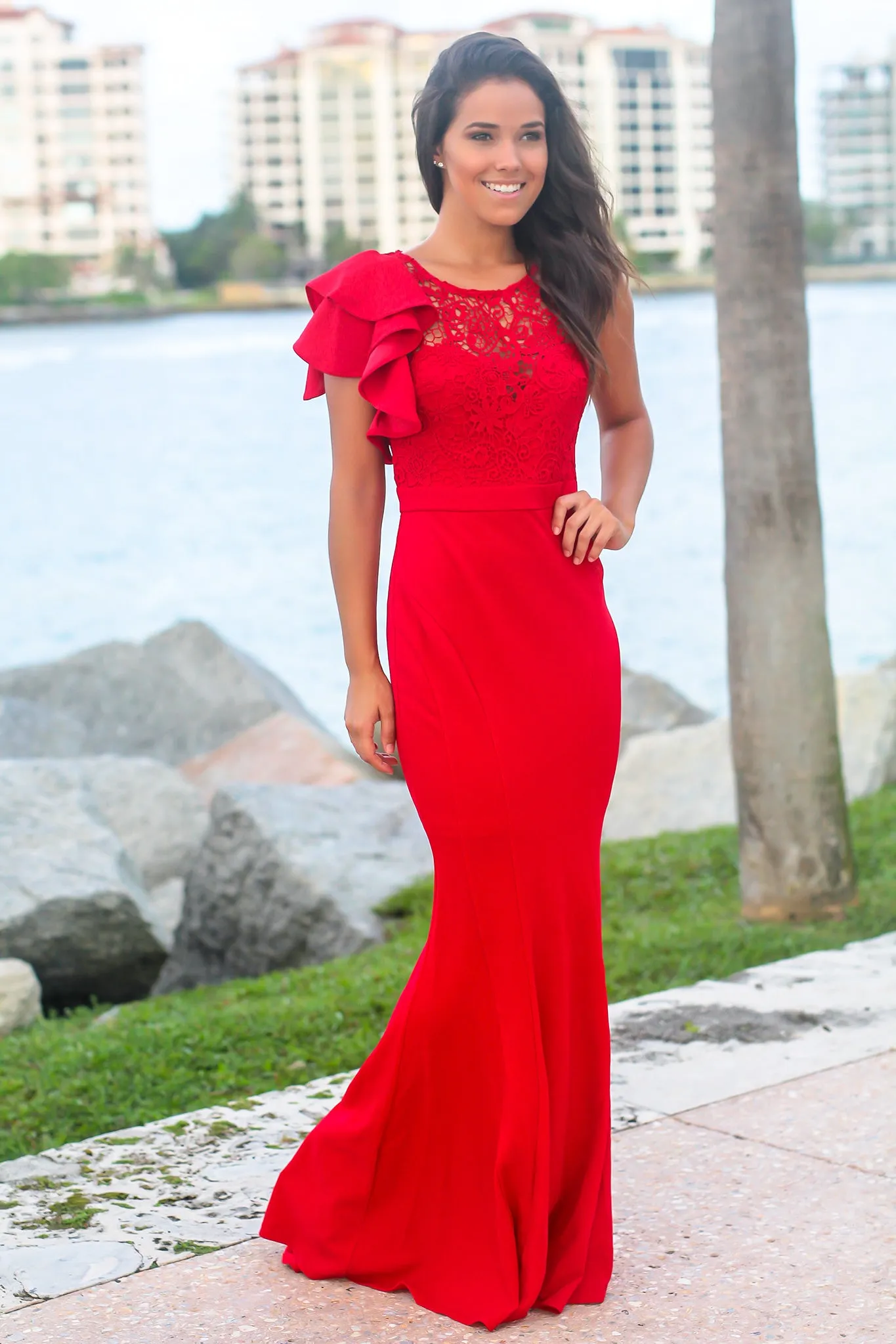 Red Maxi Dress with Crochet Top and Ruffle Sleeve