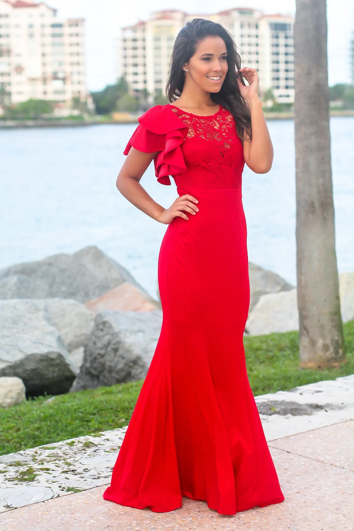 Red Maxi Dress with Crochet Top and Ruffle Sleeve