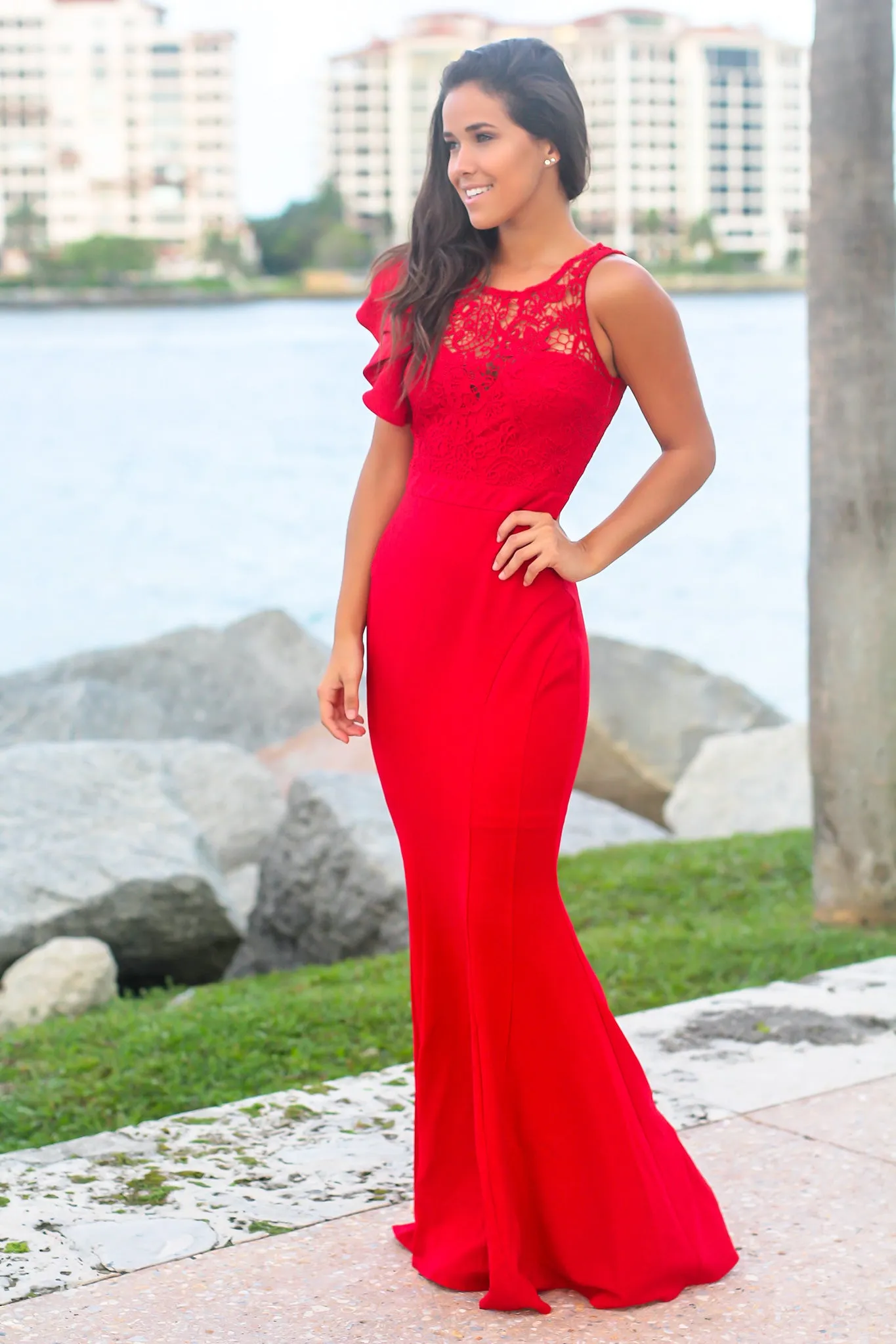 Red Maxi Dress with Crochet Top and Ruffle Sleeve