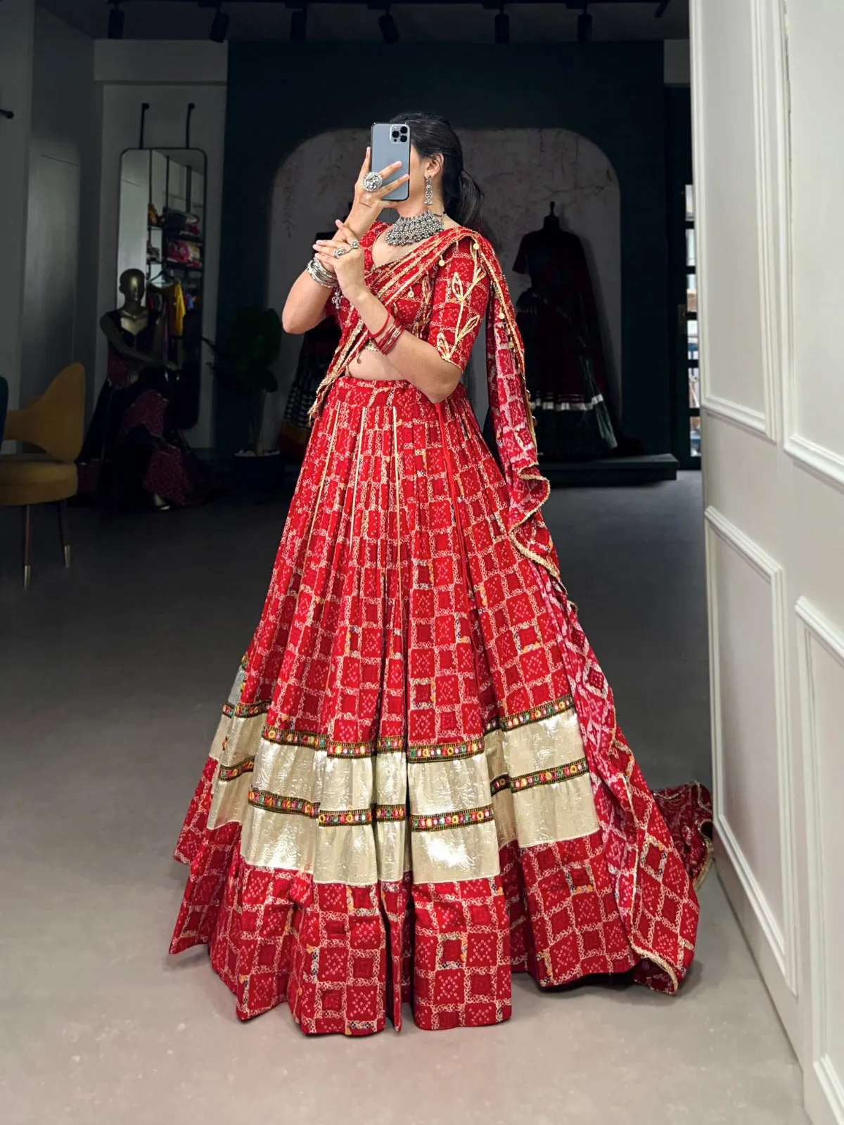 Red Navratri Lehenga Set with Gota Patti Work and Foil Print