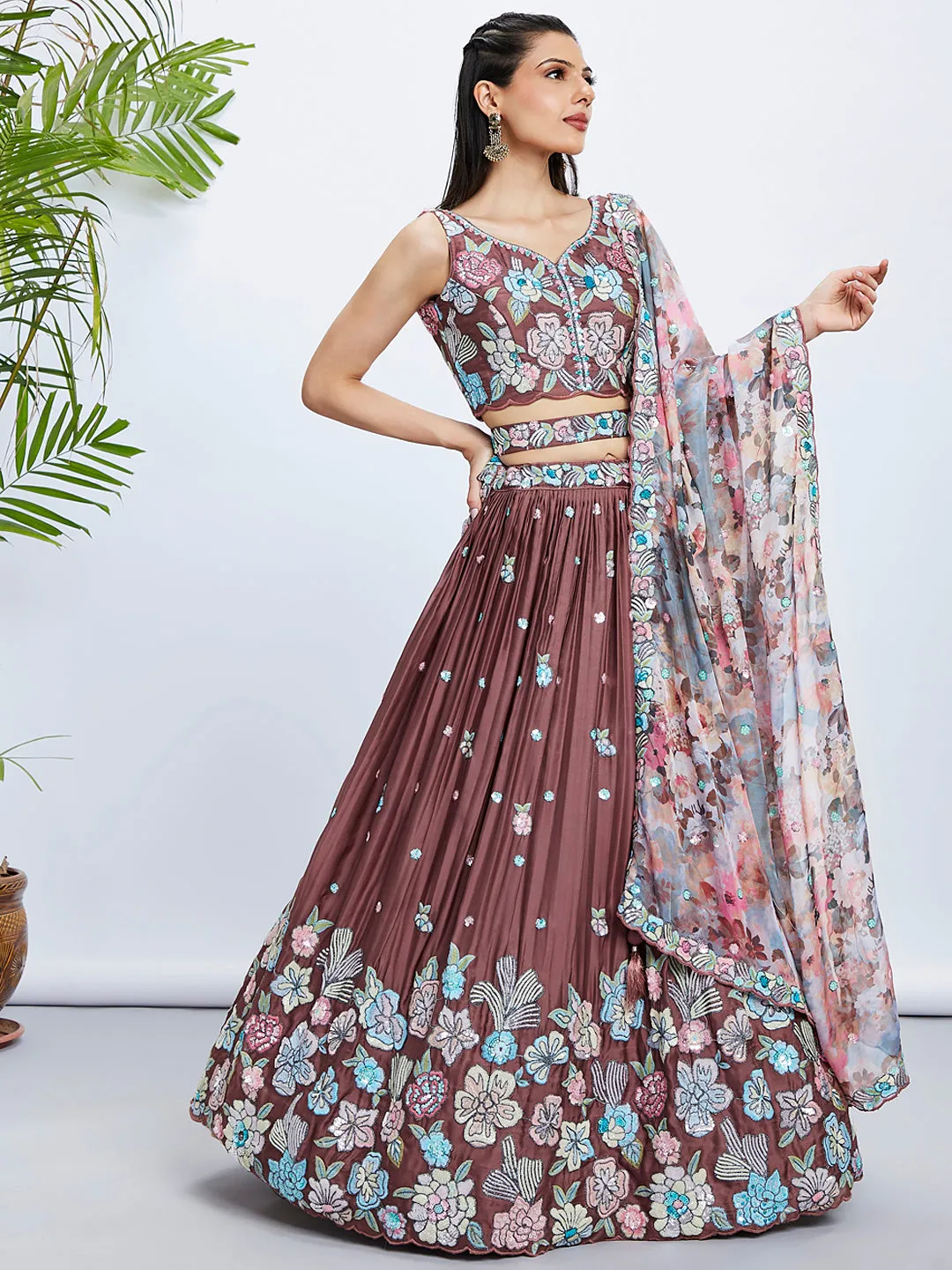 Rose Gold Sequin Embroidered Lehenga Choli Set with Multicolor Organza Dupatta