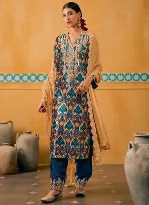 Royal Blue Embroidered Velvet Kurta Pant Suit