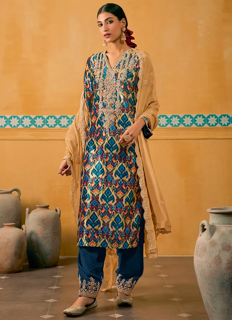 Royal Blue Embroidered Velvet Kurta Pant Suit