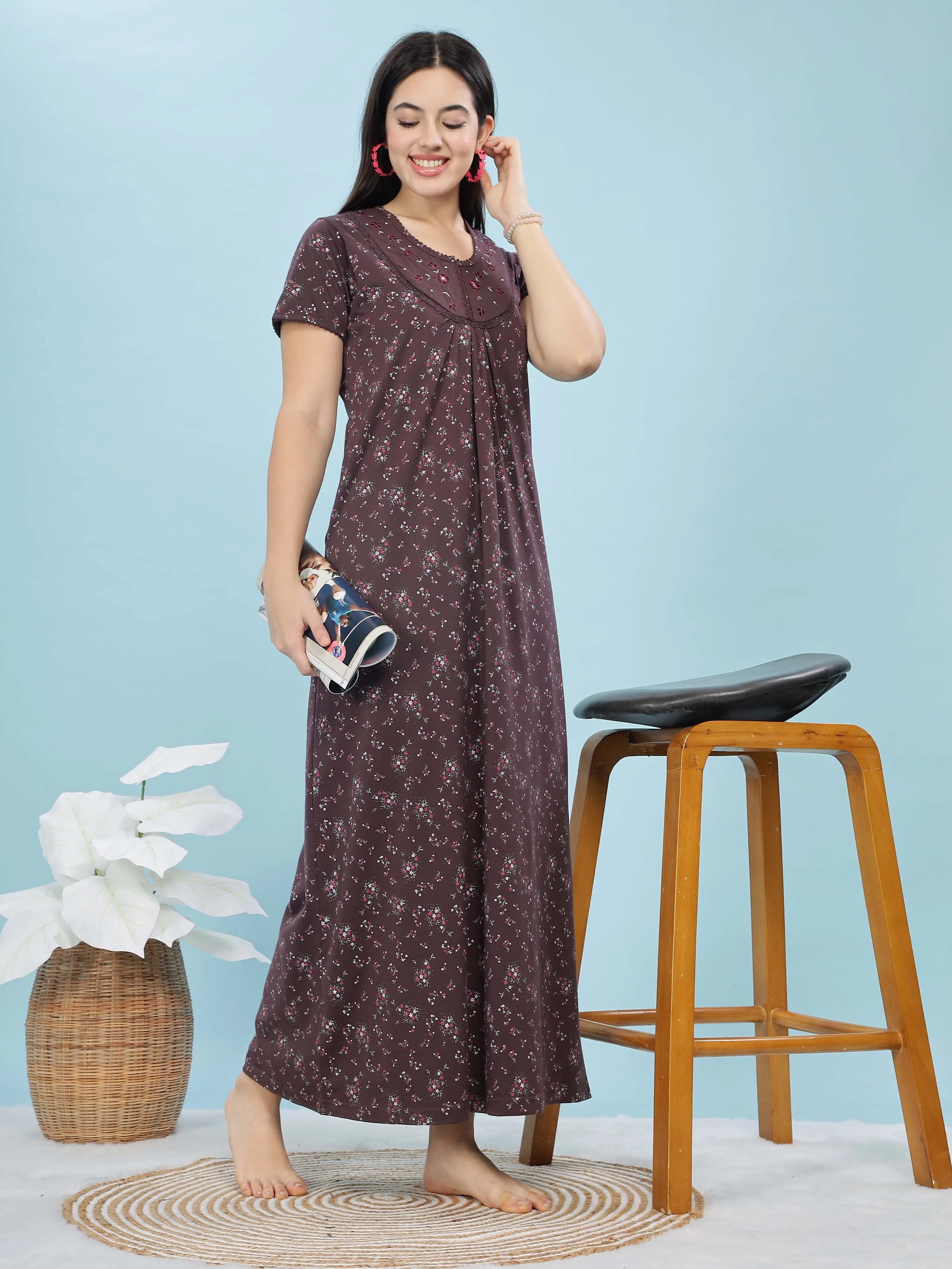 Royal Plum Designer Cotton Blend Nighty for Women With Elegant & Cozy