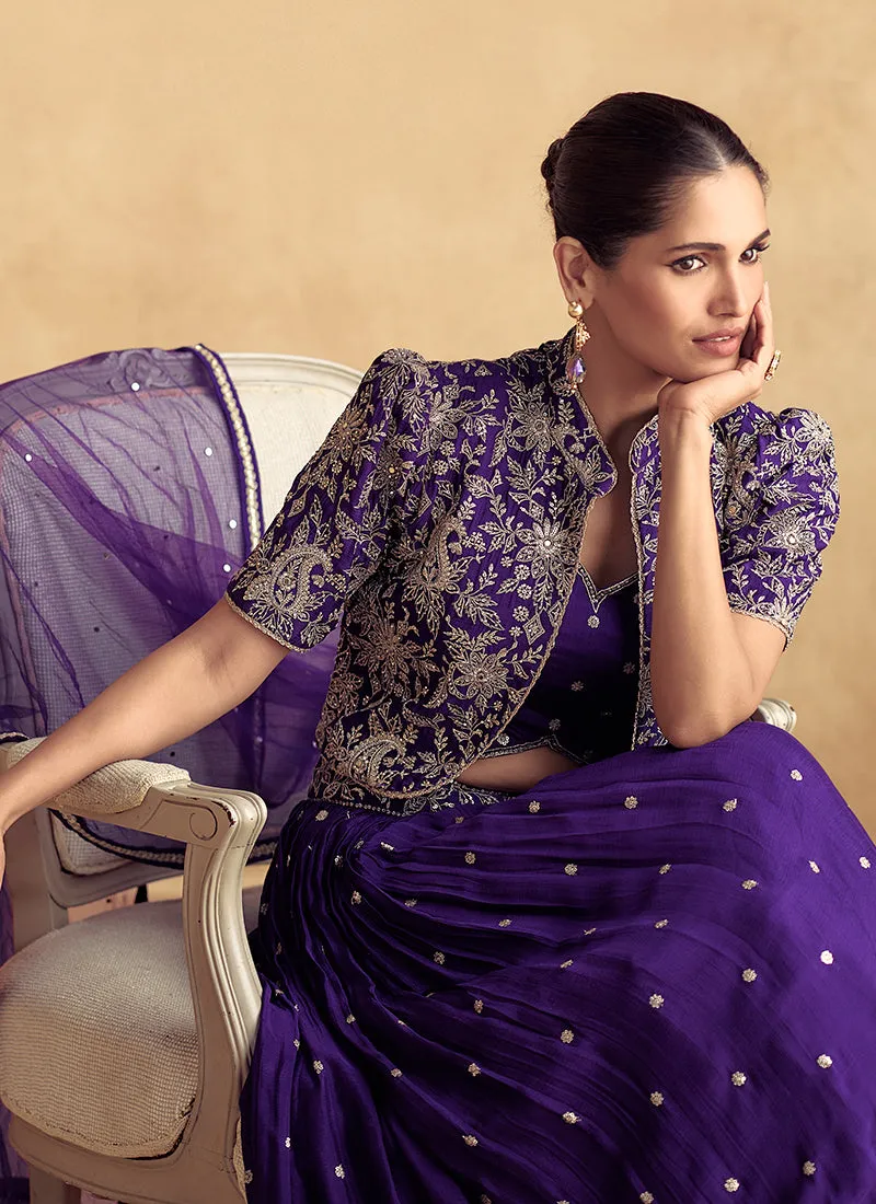 Royal Purple Golden Embroidered Jacket Style Lehenga