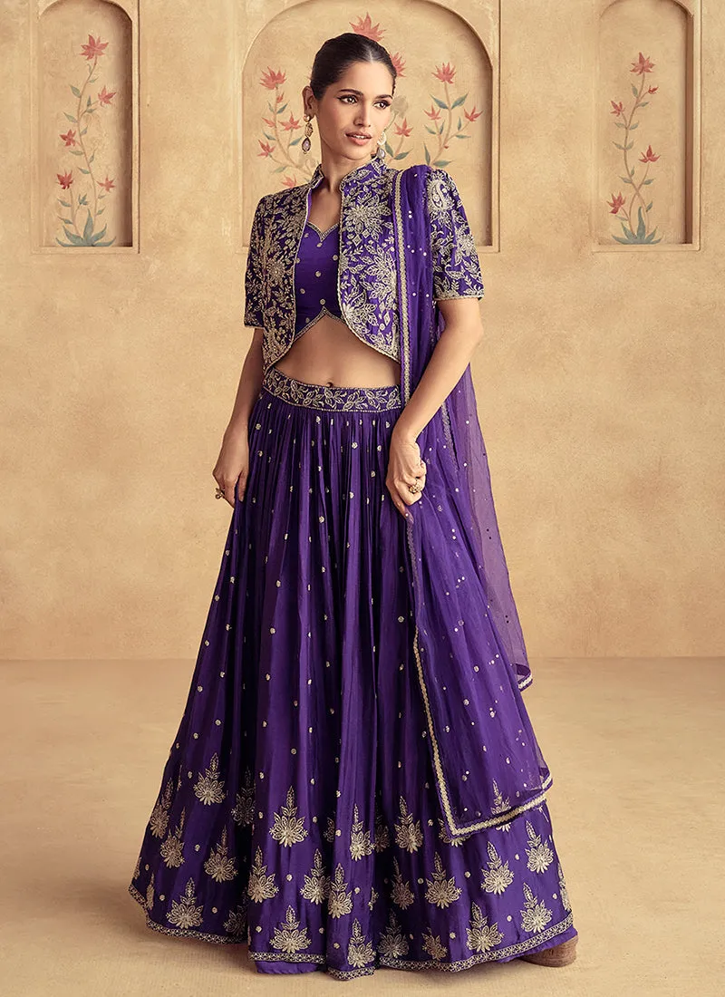 Royal Purple Golden Embroidered Jacket Style Lehenga