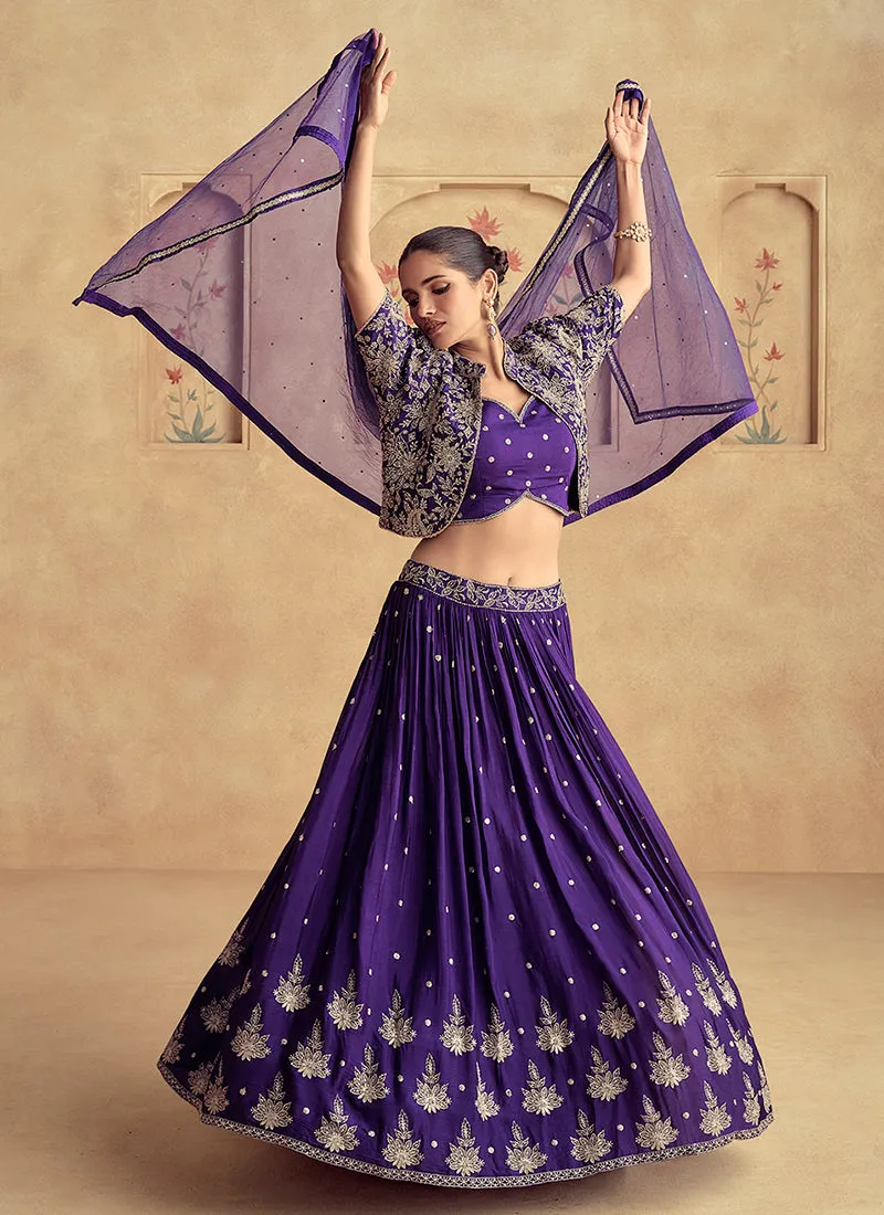 Royal Purple Golden Embroidered Jacket Style Lehenga