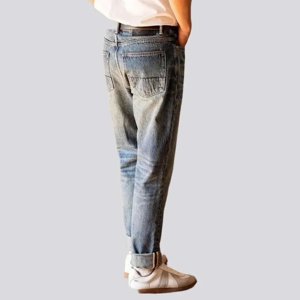 Sanded light wash selvedge jeans
 for men