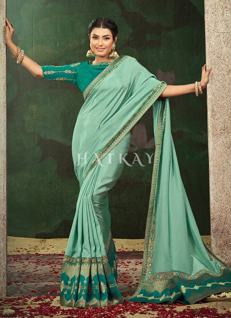 Sea Green Embroidery Traditional Crepe Silk Saree