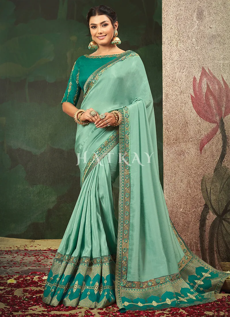 Sea Green Embroidery Traditional Crepe Silk Saree