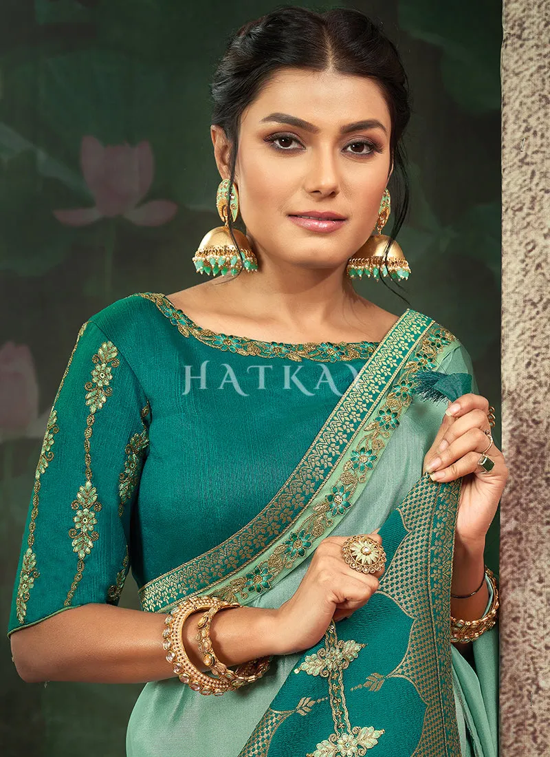 Sea Green Embroidery Traditional Crepe Silk Saree