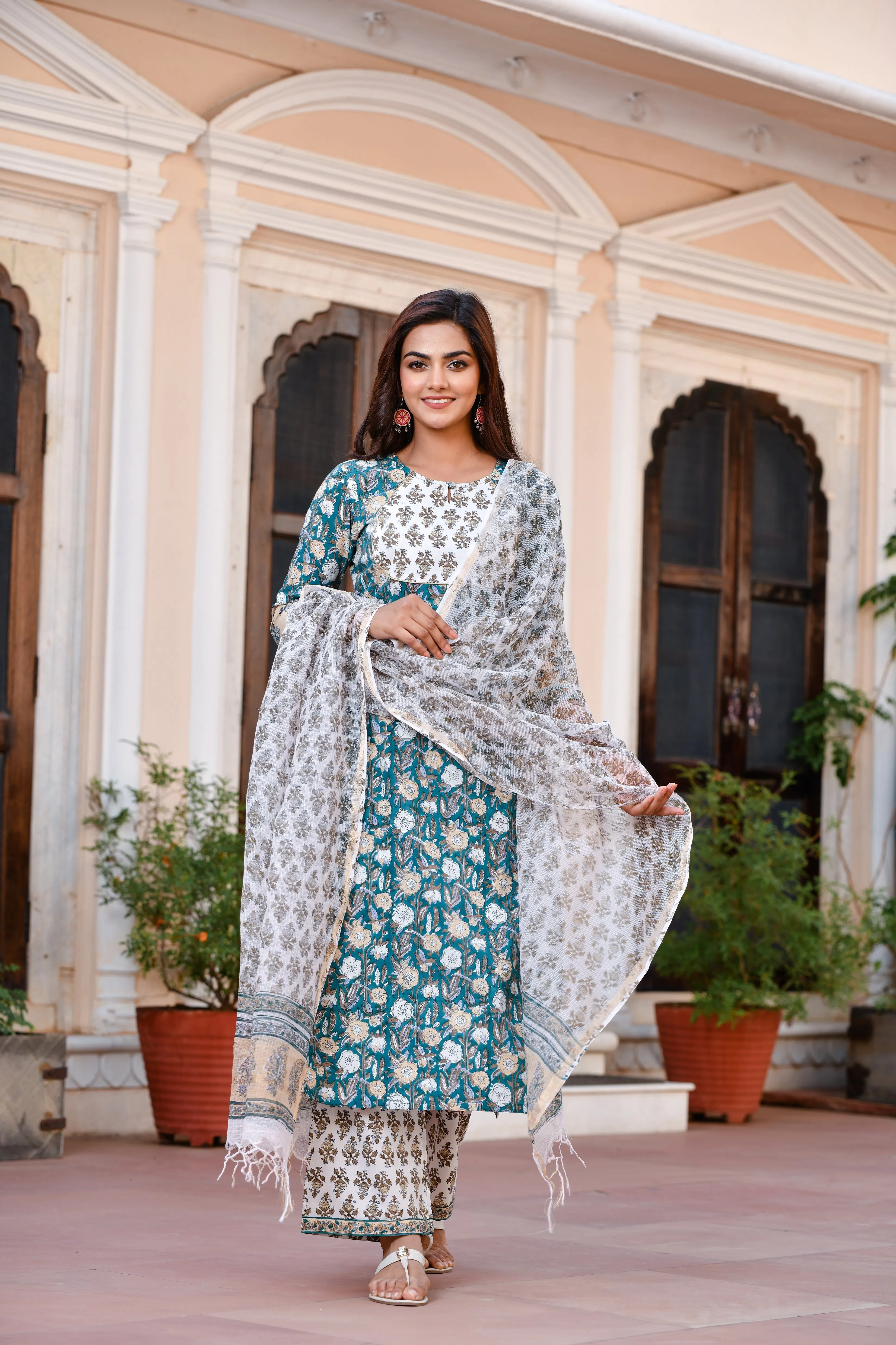 Sea Green Kotadoriya Dupatta Handblock Suit Set