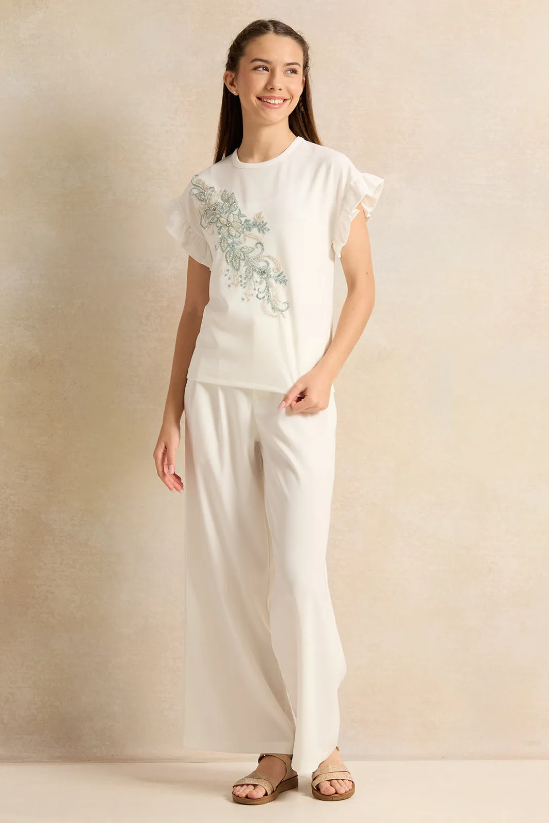 Senior Girls White Button Embellished Pants