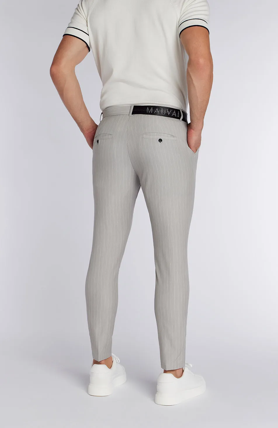 Signature Half Belt Pants In Grey Pinstripe