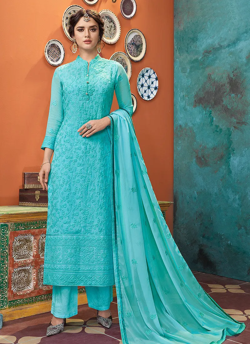 Sky Blue Lucknowi Palazzo Suit