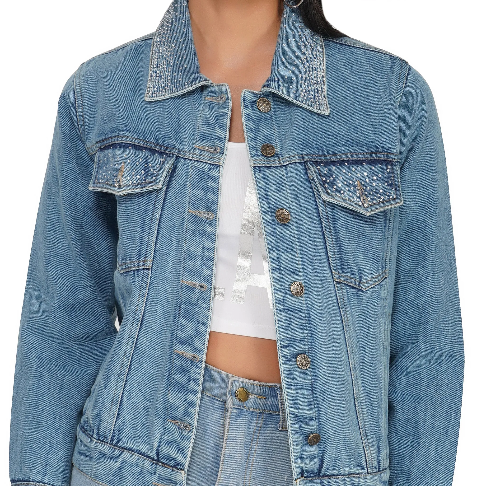 SLAY. Women's Crystal Studded Collar/Sleeve Washed Denim Button-Down Vintage Denim Jacket