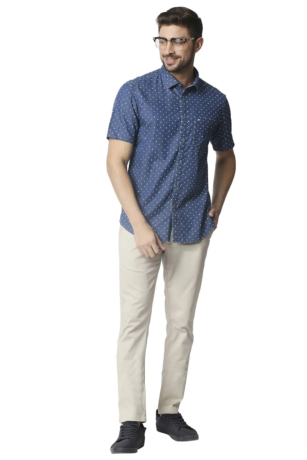 Slim Fit Indigo Printed Halfsleeves Shirt